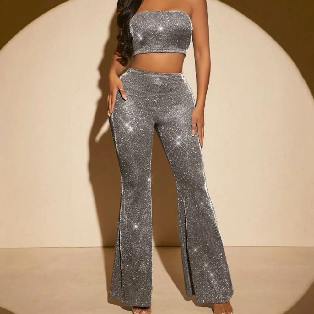 Glittery 2 Piece Set Flare Pants Crop Top
